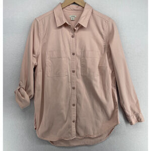 LL BEAN Top Womens M Cotton Twill Shirt Utility Roll Tab Sleeve Button Up Pink